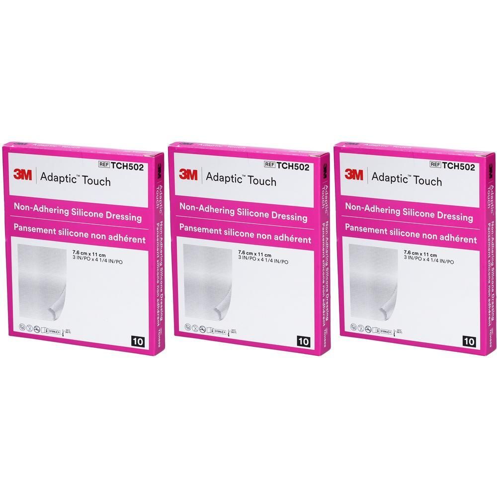 Drie pakken 3M Adaptic Touch niet-klevende siliconenverbanden, elk 7,6 x 11 cm.