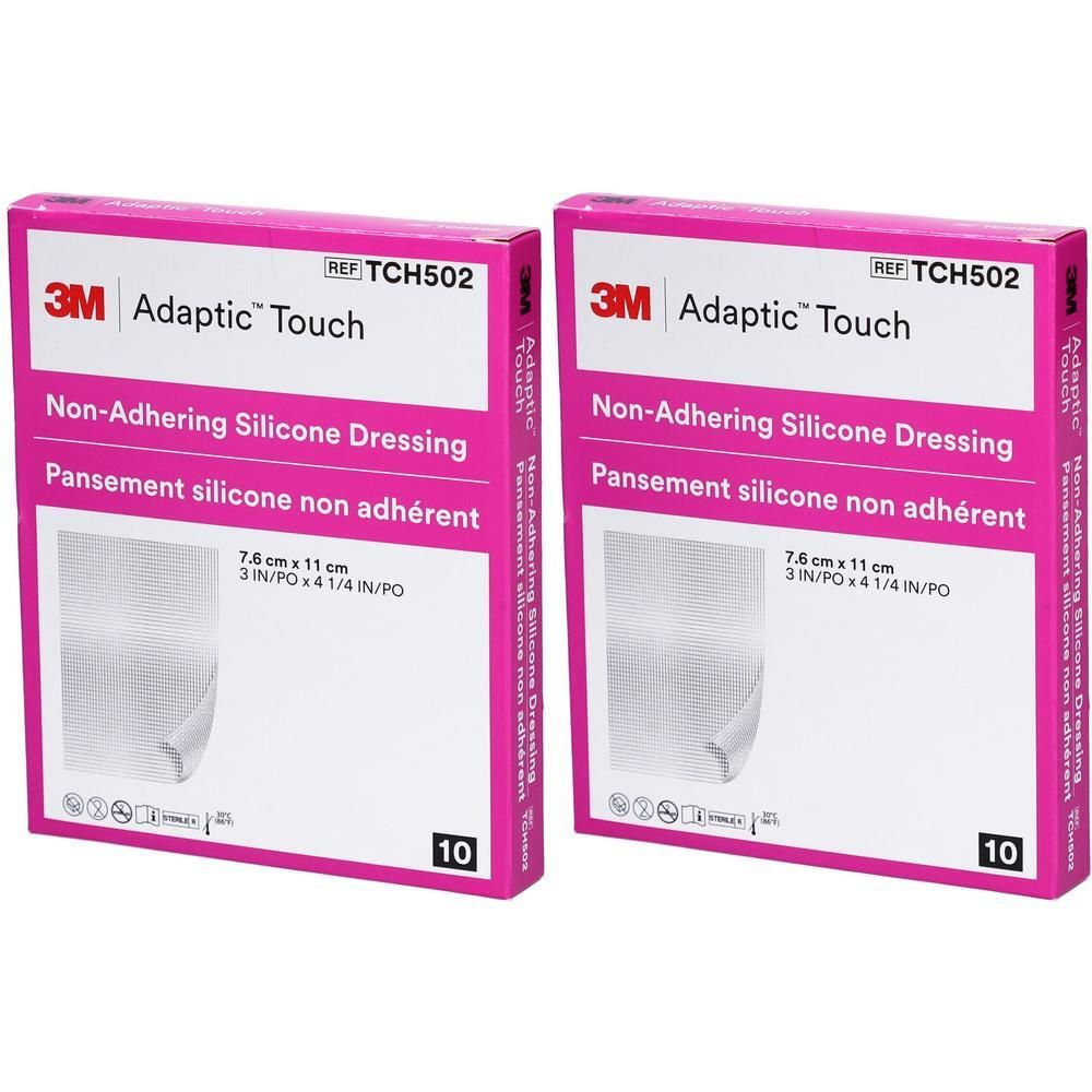 Deux boîtes de pansements siliconés non adhérents 3M Adaptic Touch, 7,6 x 11 cm.