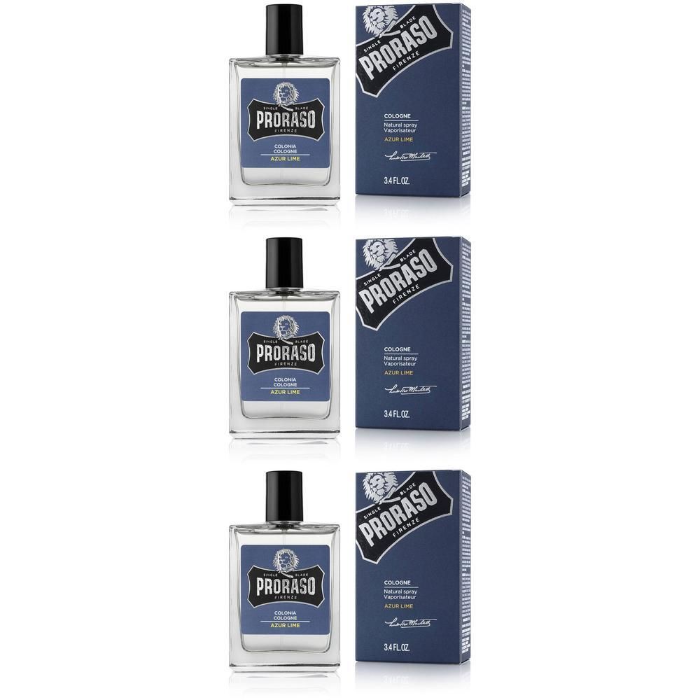 Trois flacons de Proraso Eau de Cologne Azur Lime avec emballage.