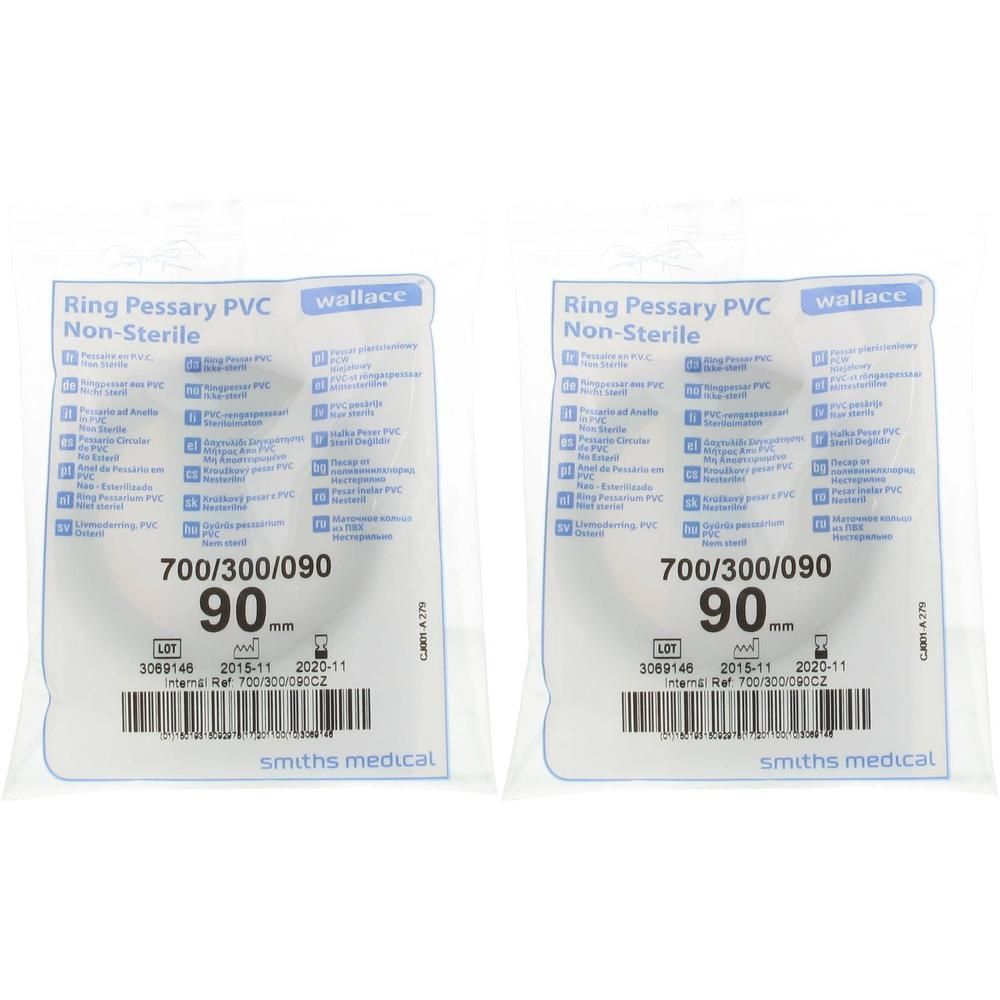Deux pessaires annulaires Portex en PVC, non stériles, diamètre 90 mm.