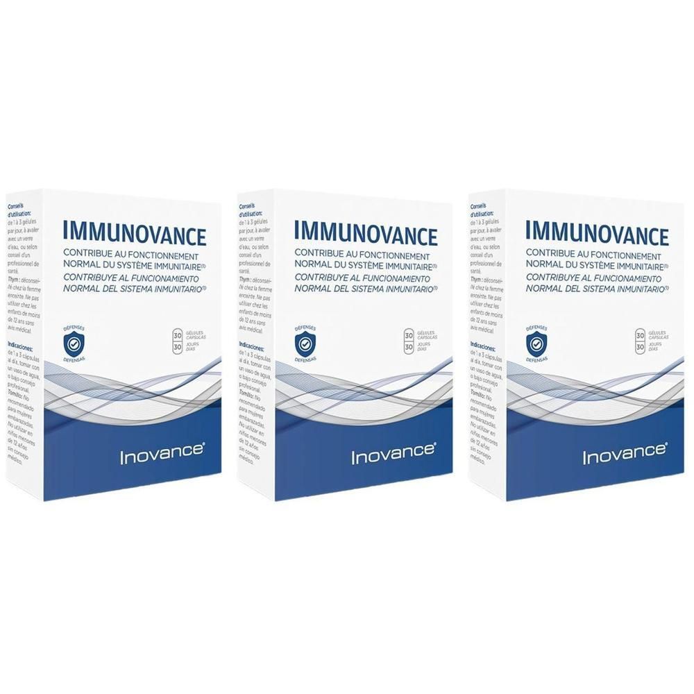 Trois boîtes d'Inovance Immunovance avec des accents bleus et blancs et du texte.