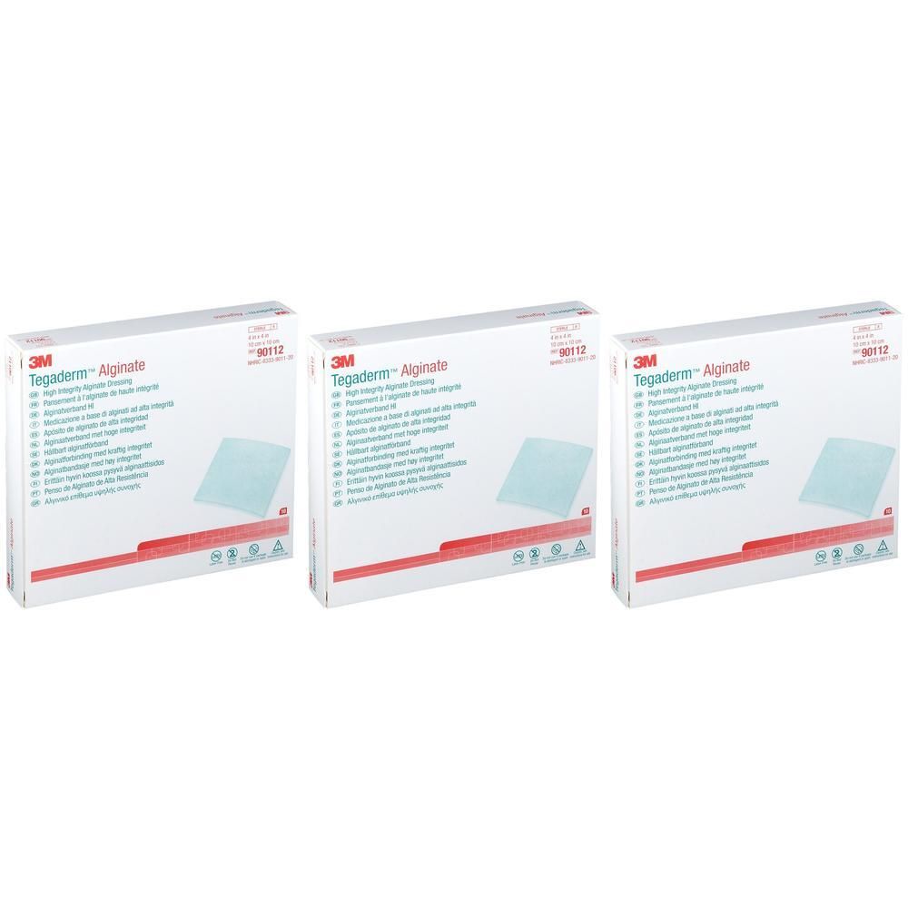 Drie pakken 3M Tegaderm Alginate kompressen, 10cm x 10cm, op witte doos.