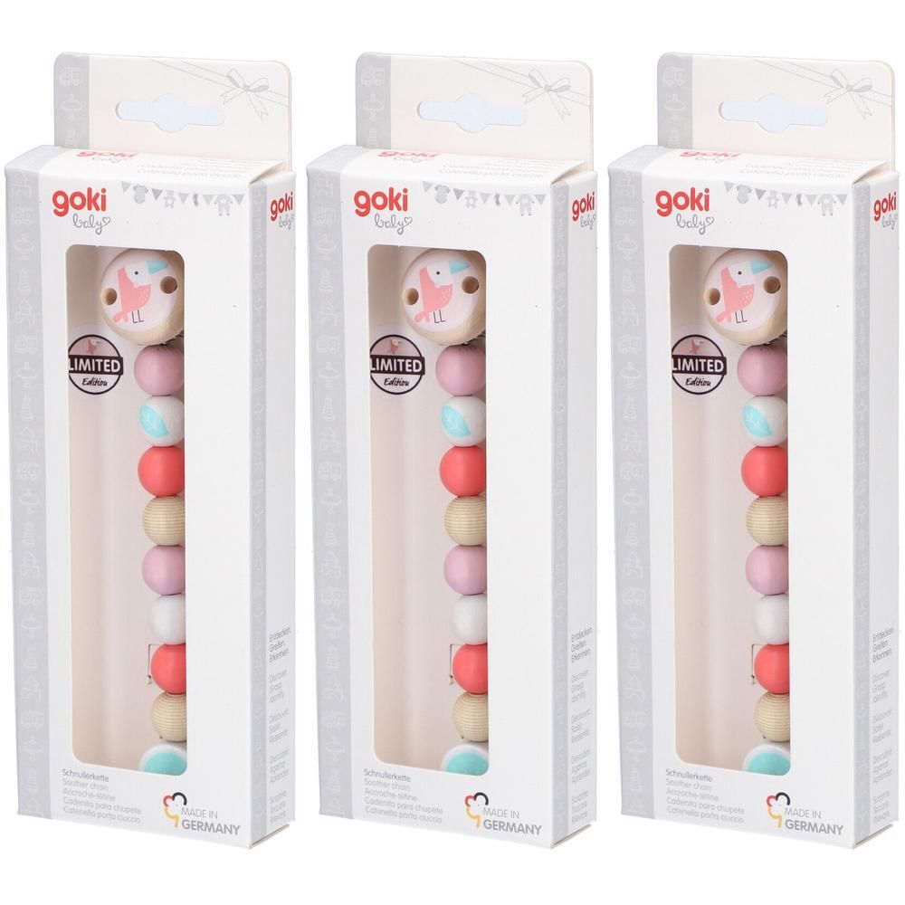 Attache-sucette GOKI Baby avec perles colorées et motif flamant rose, édition limitée.