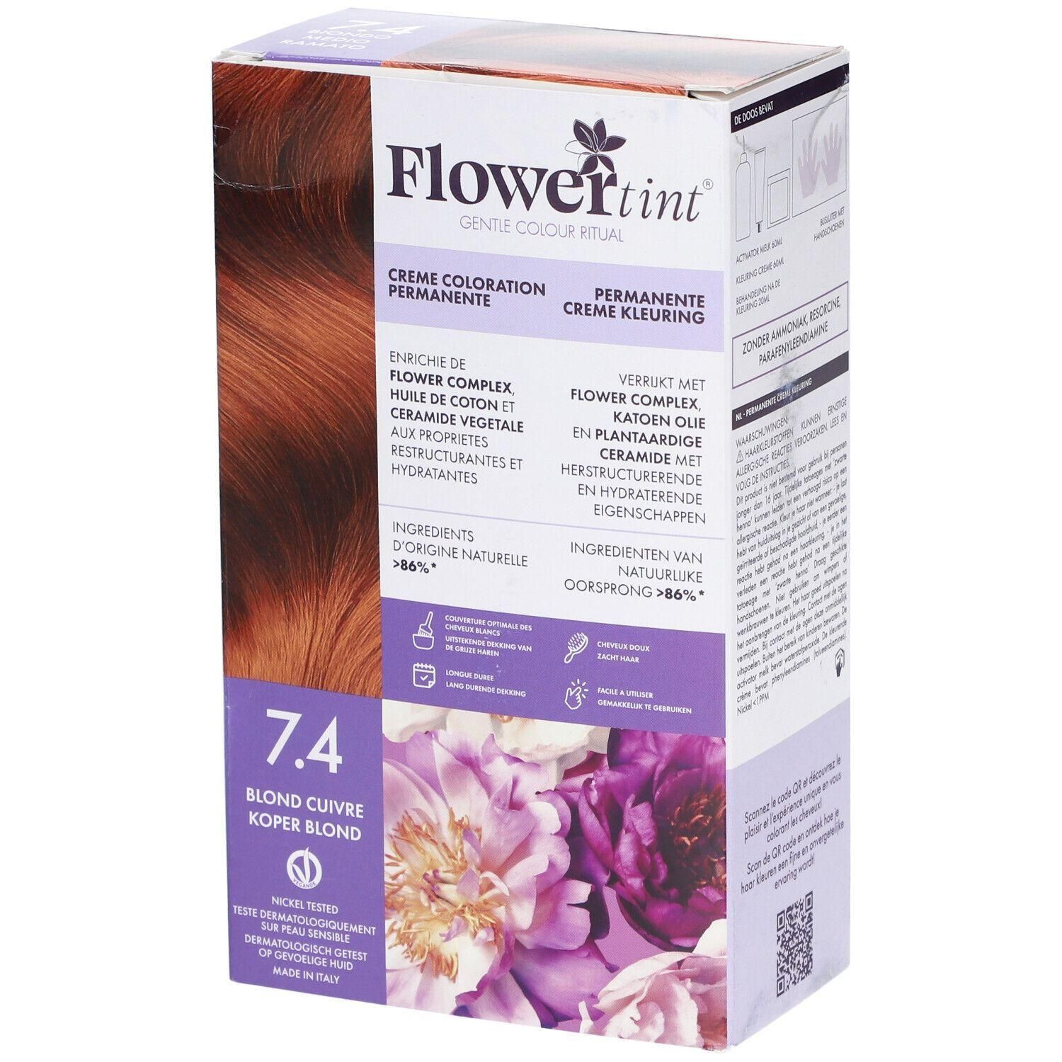 Boîte de coloration permanente 7.4 Blond cuivré avec motif floral et mèches de cheveux.