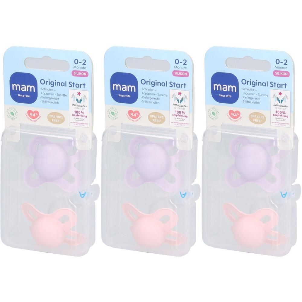 Trois sucettes MAM Original Start en silicone pour 0-2 mois, rose et violet, emballées.