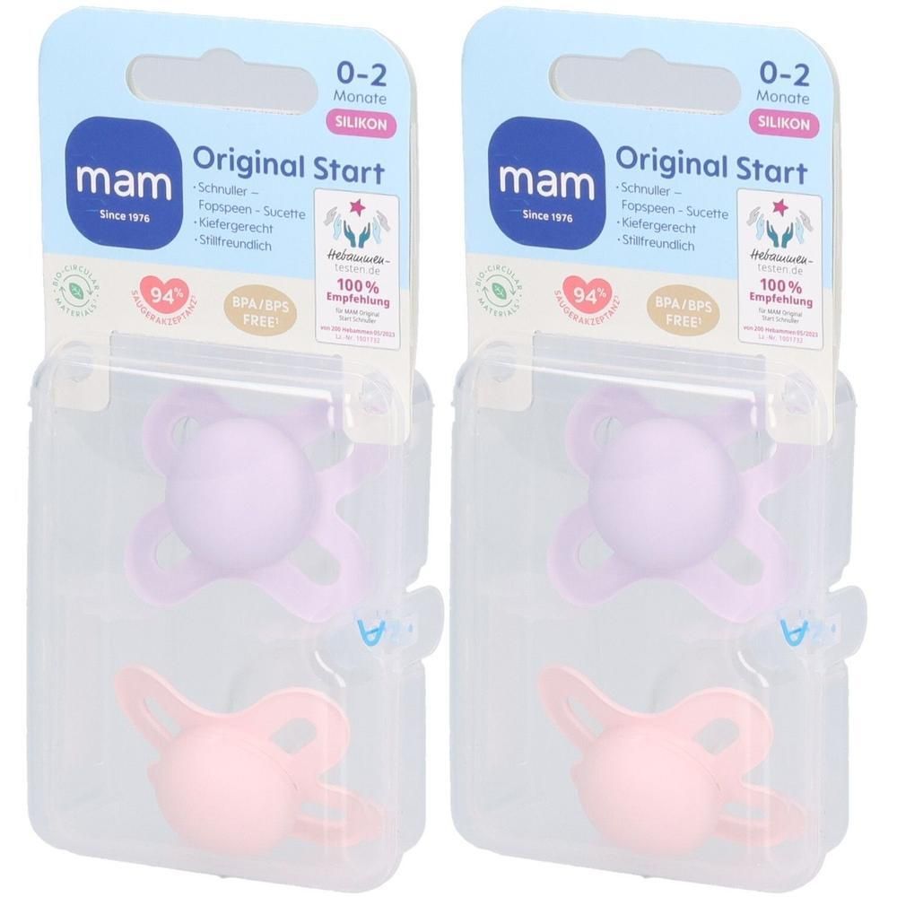 Deux sucettes MAM Original Start en silicone pour 0-2 mois, rose et violet.