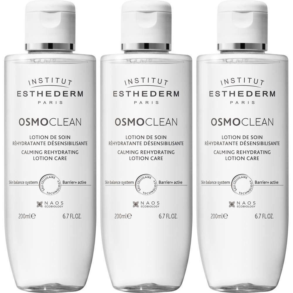 Trois flacons Institut Esthederm Osmoclean Lotion de Soin Réhydratante Désensibilisante, 200ml.