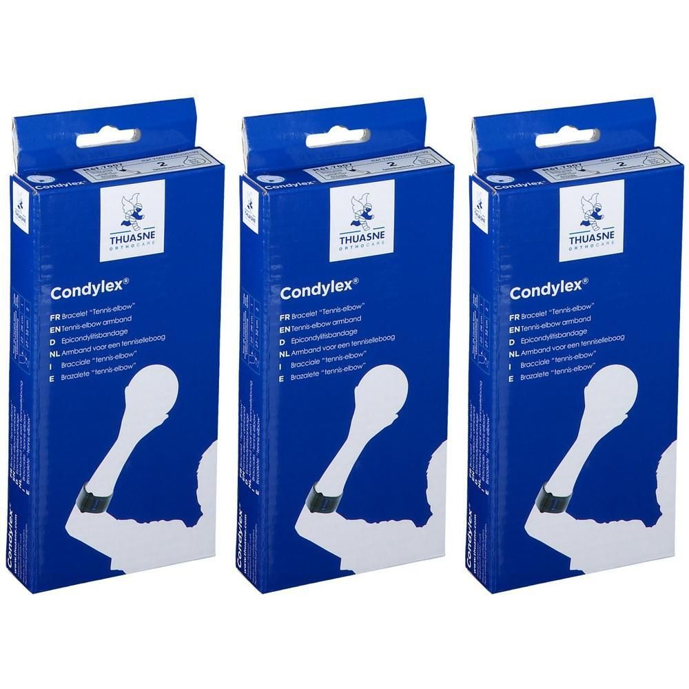 Drie verpakkingen Thuasne Condylex tennisarmbandjes.