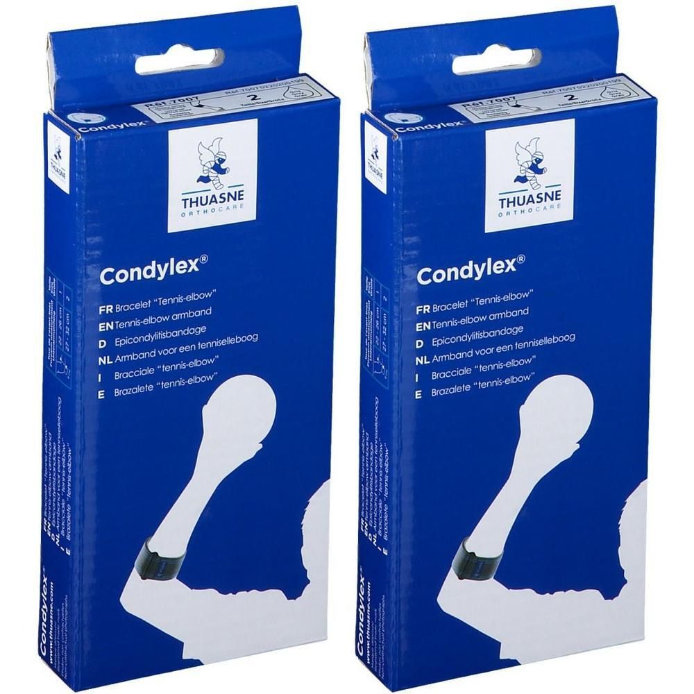 Twee verpakkingen Thuasne Condylex tennisarmband. Blauwe dozen met productafbeelding.