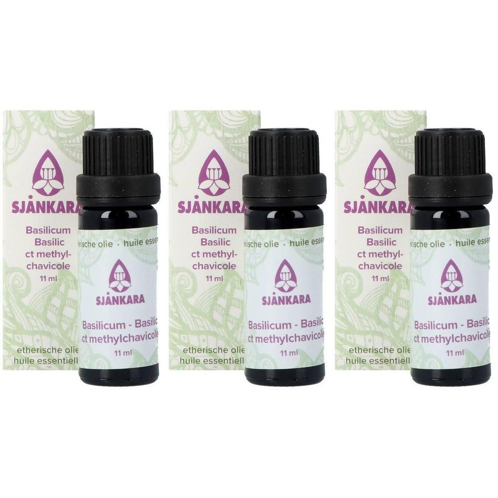 Drie flesjes Basilicum etherische olie Methylchavicol Bio, 11 ml.