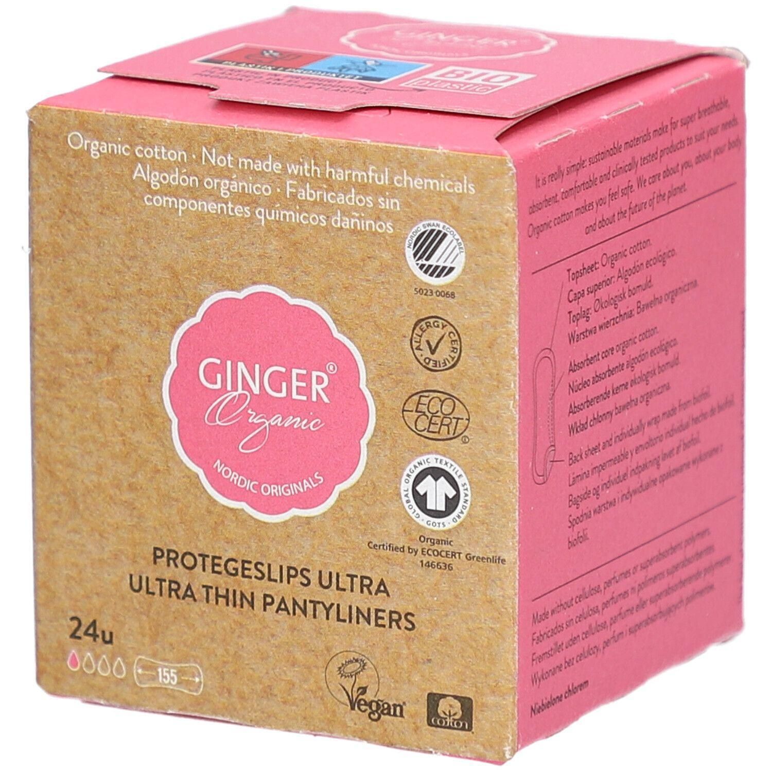 Verpakking van 24 ultrafijne biologische pantyliners van Ginger Organic.