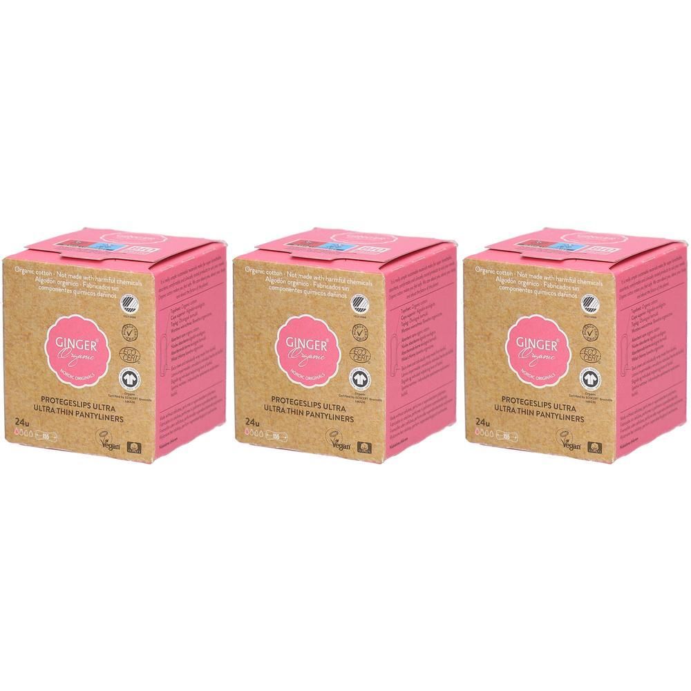 Trois paquets de protège-slips ultrafins Ginger Organic, 24 par paquet.