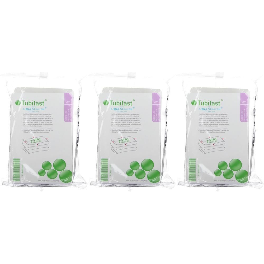 Drie Tubifast 2-Way Stretch compressiebandages in verpakking. Groene cirkels en diagrammen op de etiketten.