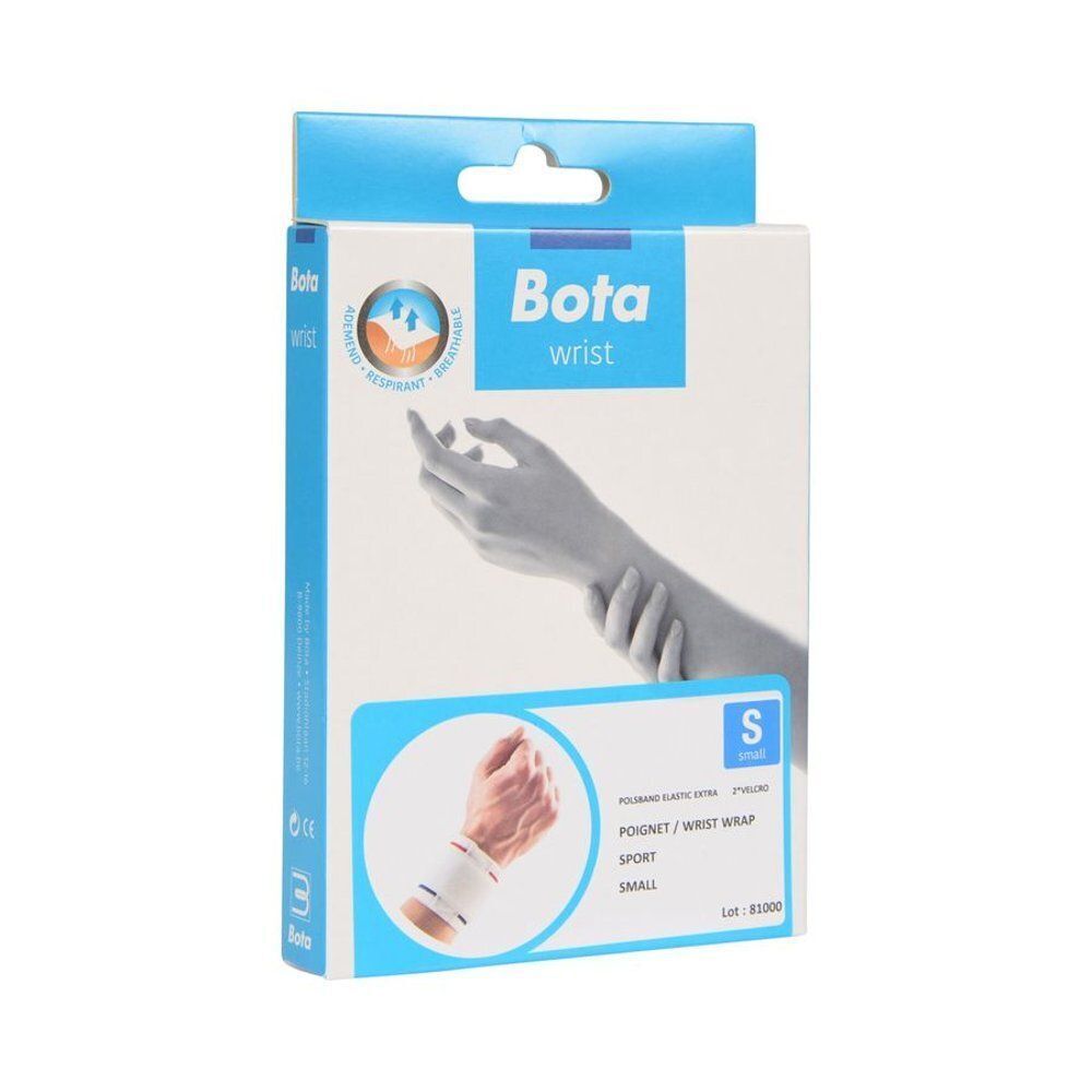 Verpakking van een Bota polsband, maat S, met productafbeeldingen en informatie.