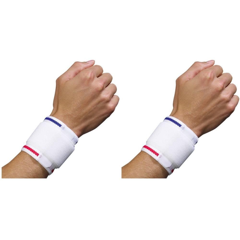 Deux supports de poignet blancs avec des rayures bleues et rouges, portés sur les deux poignets.