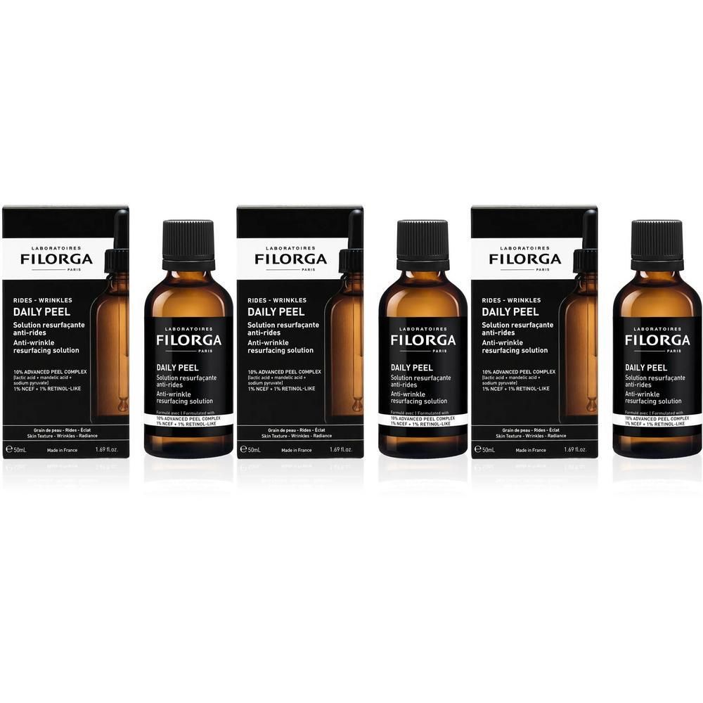Trois flacons de Filorga DAILY PEEL avec leurs boîtes.