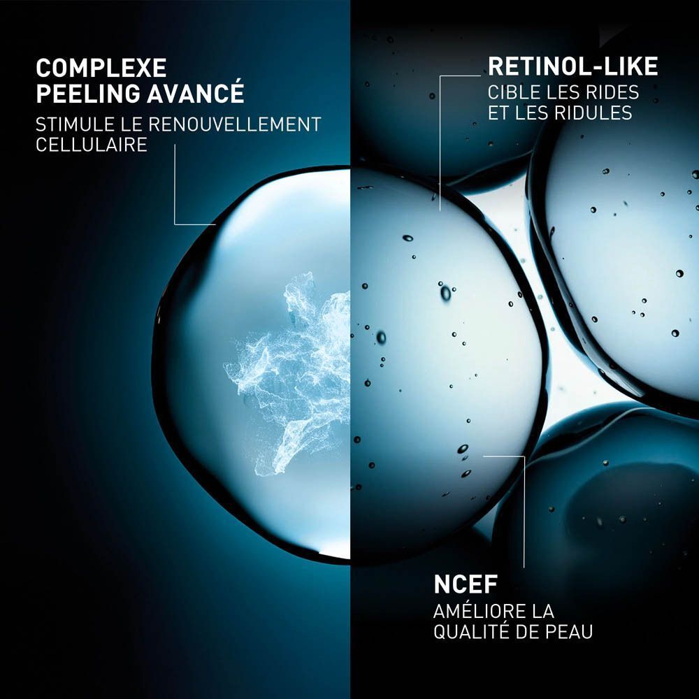 Représentation abstraite de cellules cutanées, texte sur le complexe peeling et rétinol.