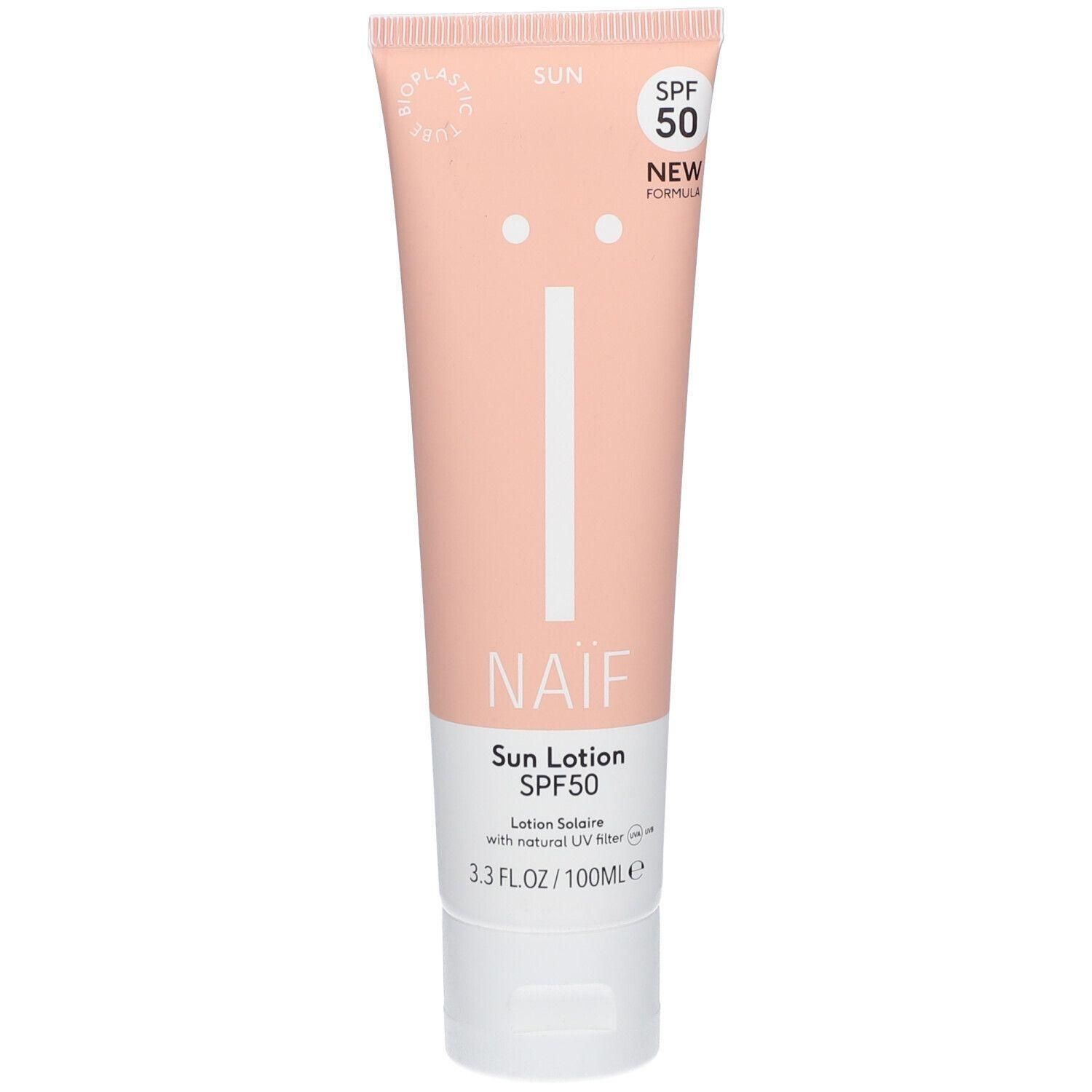 Naïf Zonnebrandcrème SPF50 in een roze tube met witte dop. Bevat 100ml.