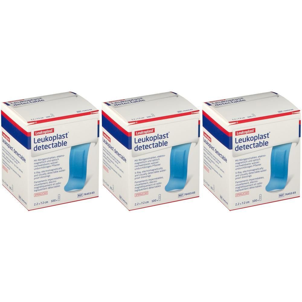 Drie dozen Leukoplast® Detectable verband, blauw.