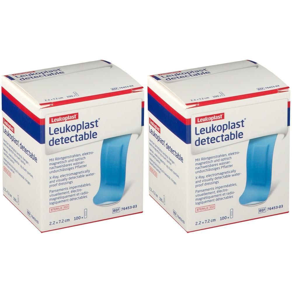 Twee dozen Leukoplast® Detectable pleisters, 2,2 cm x 7,2 cm. Blauwe pleister zichtbaar.