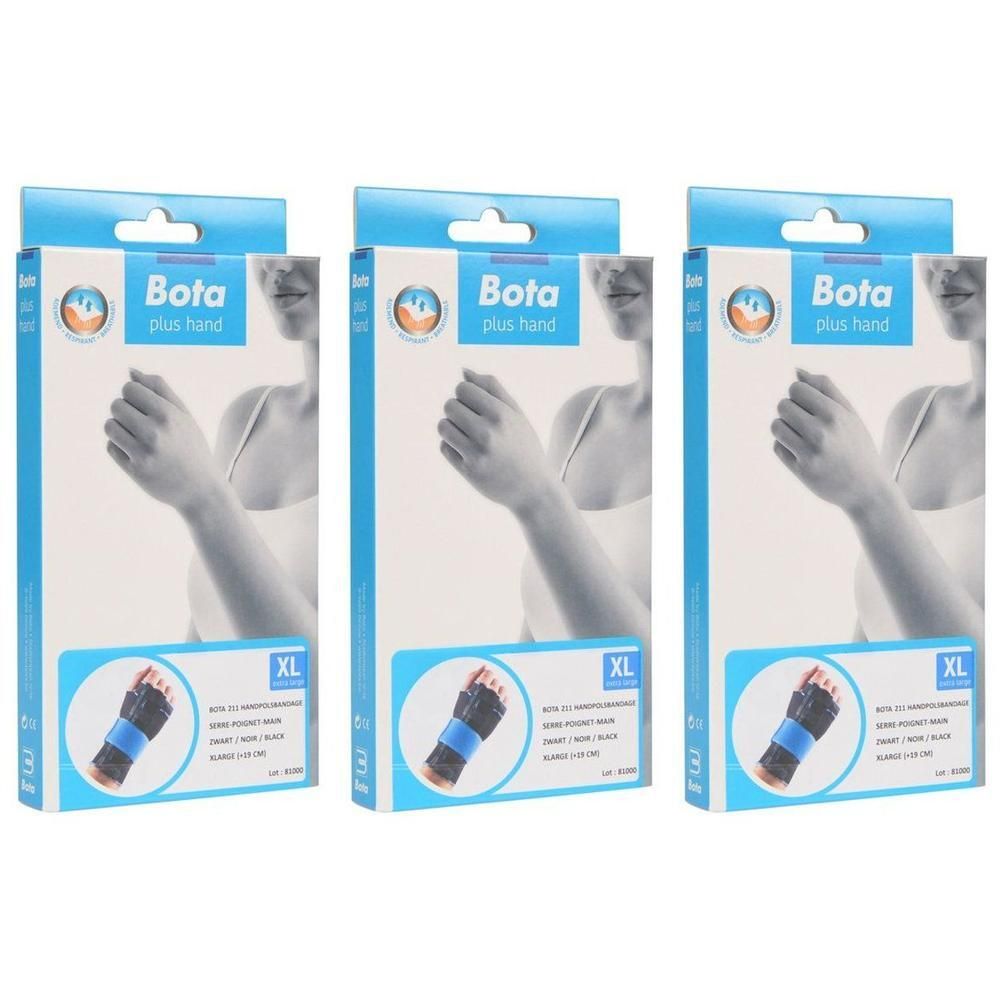 Drie verpakkingen Bota polsbandage, maat XL, zwart.
