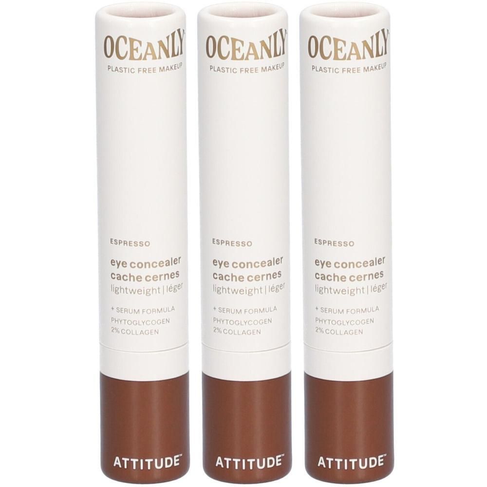 Drie Attitude Oceanly Espresso oogconcealers in buisverpakkingen.