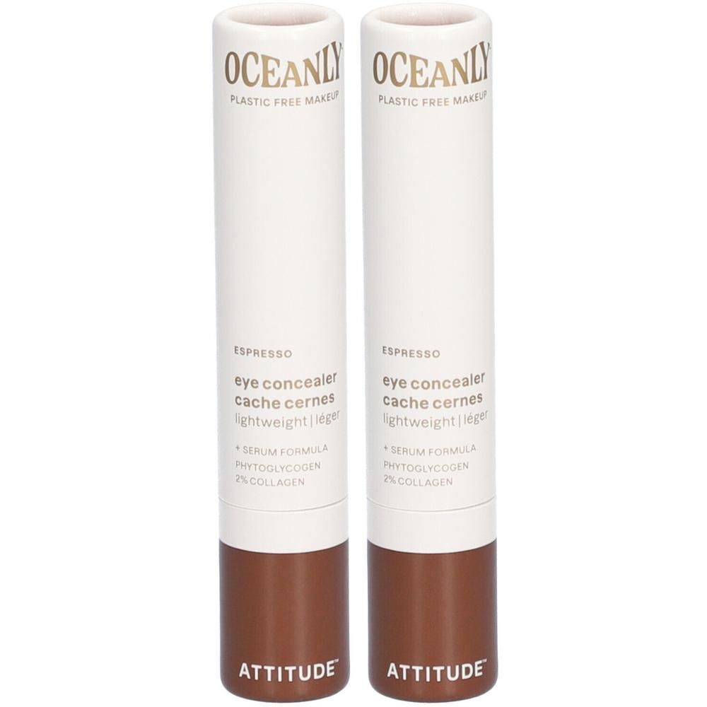 Twee Attitude Oceanly Oogconcealers in Espresso. Lichte serumformule met 2% collageen.