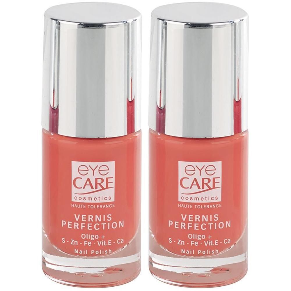 Deux flacons de vernis à ongles corail avec bouchons argentés. Étiquette 'Eye Care Vernis Perfection'.