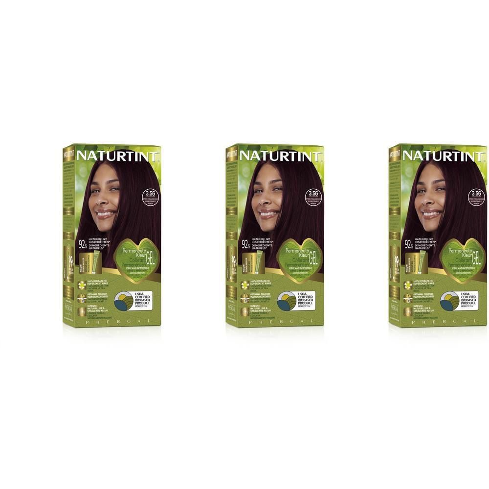 Drie pakken Naturtint 3.56 Intense Radiant Red Permanente Haarkleuring met afbeeldingen van een vrouw.