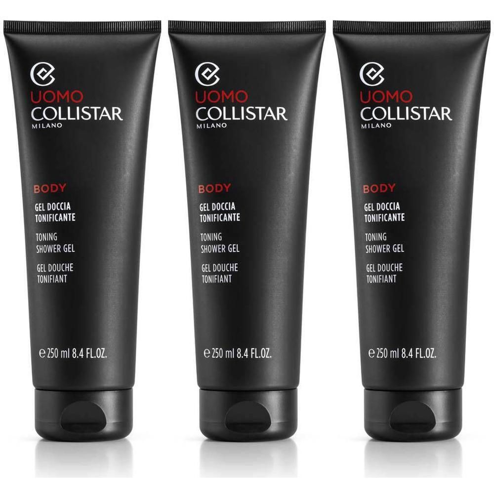Drie zwarte tubes Collistar Uomo Body Toning Douchegel, elk 250 ml.