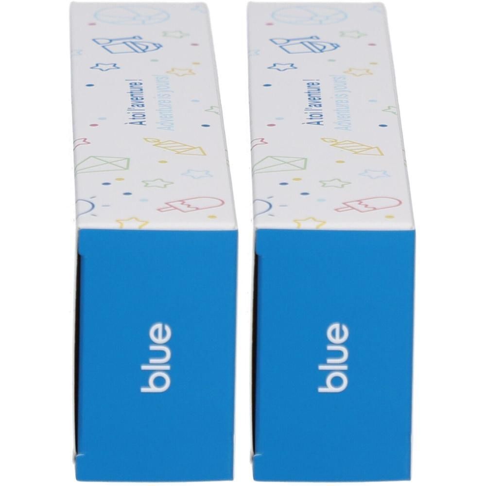 Deux boîtes bleues avec des motifs enfantins et le mot "blue".