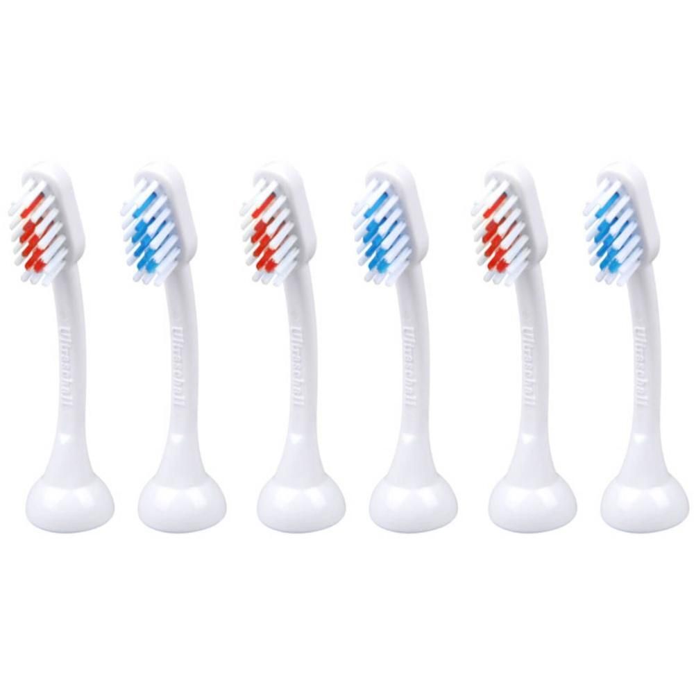 Six têtes de brosse à dents blanches avec des poils rouges et bleus.