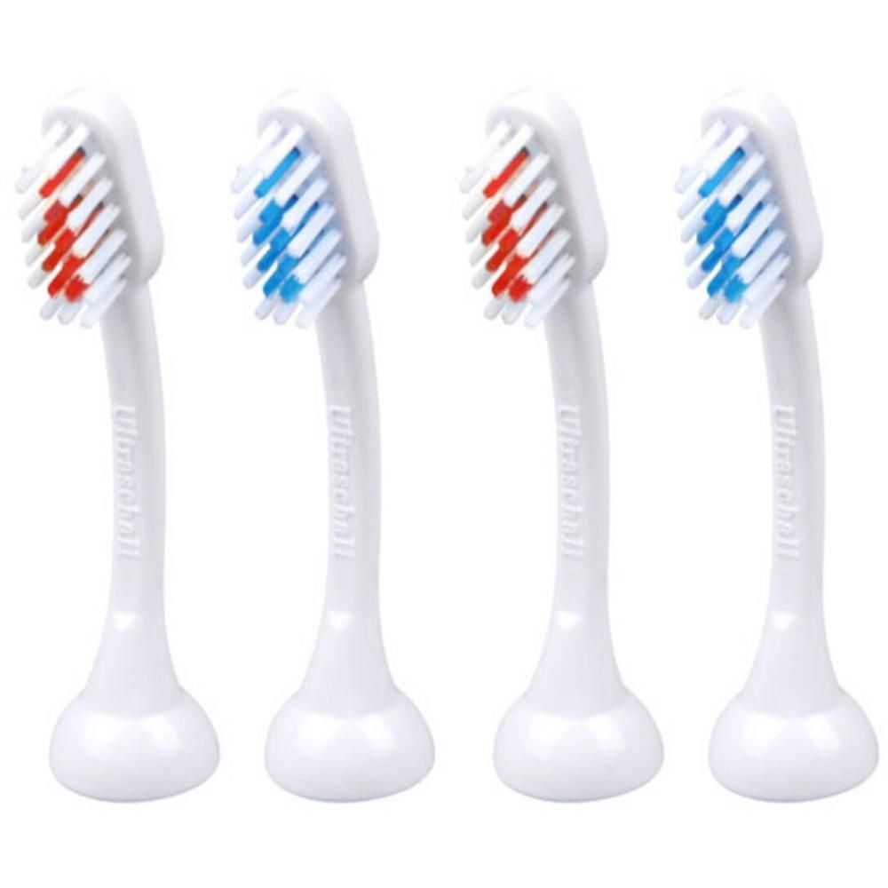 Quatre têtes de brosse à dents blanches avec des poils rouges et bleus.