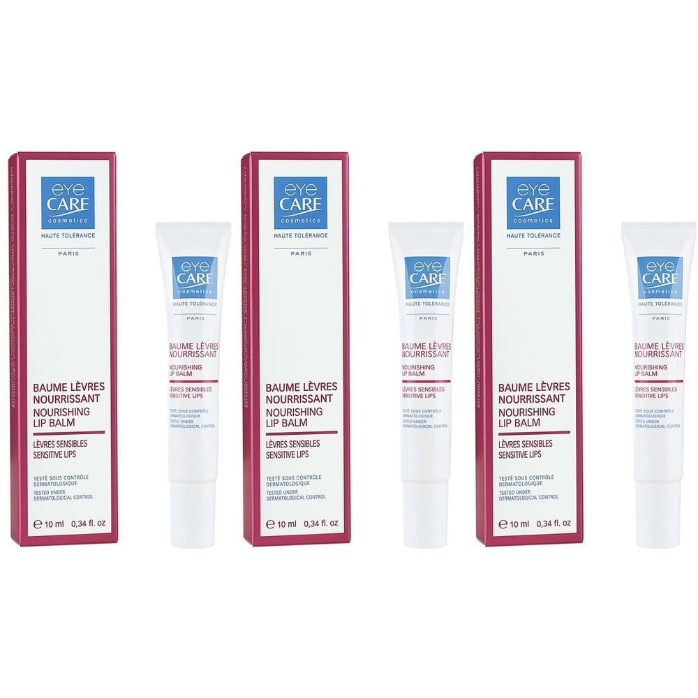Vier verpakkingen Eye Care lippenbalsem, elk met een tube en een vouwdoosje.