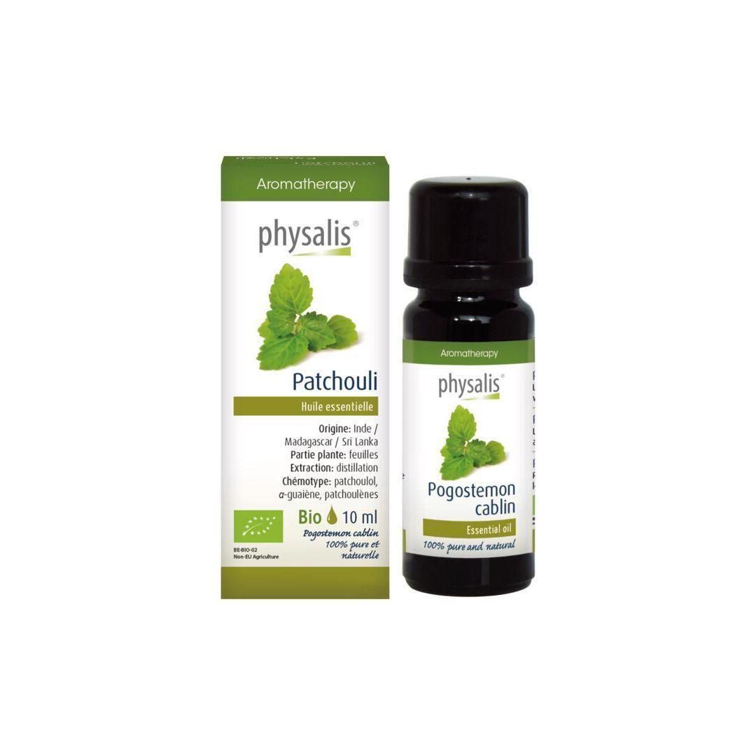 Huile essentielle Patchouli Bio Physalis 10 ml, flacon et boîte.