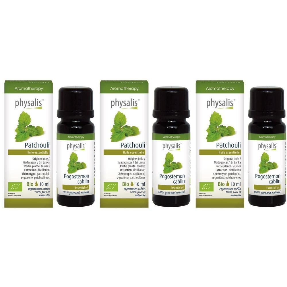 Cinq flacons d'huile essentielle Bio Patchouli Physalis, 10 ml chacun.