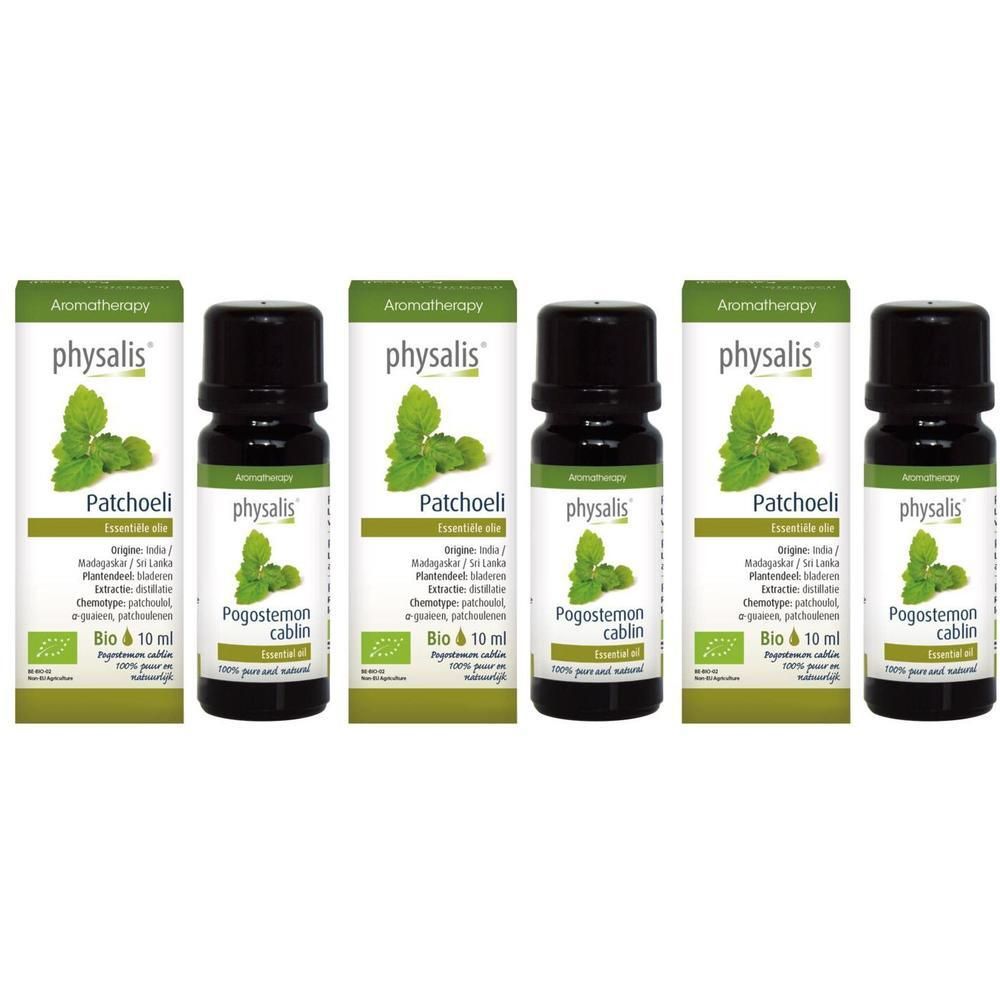 Vijf flessen Physalis Patchouli Bio etherische olie, elk 10 ml.