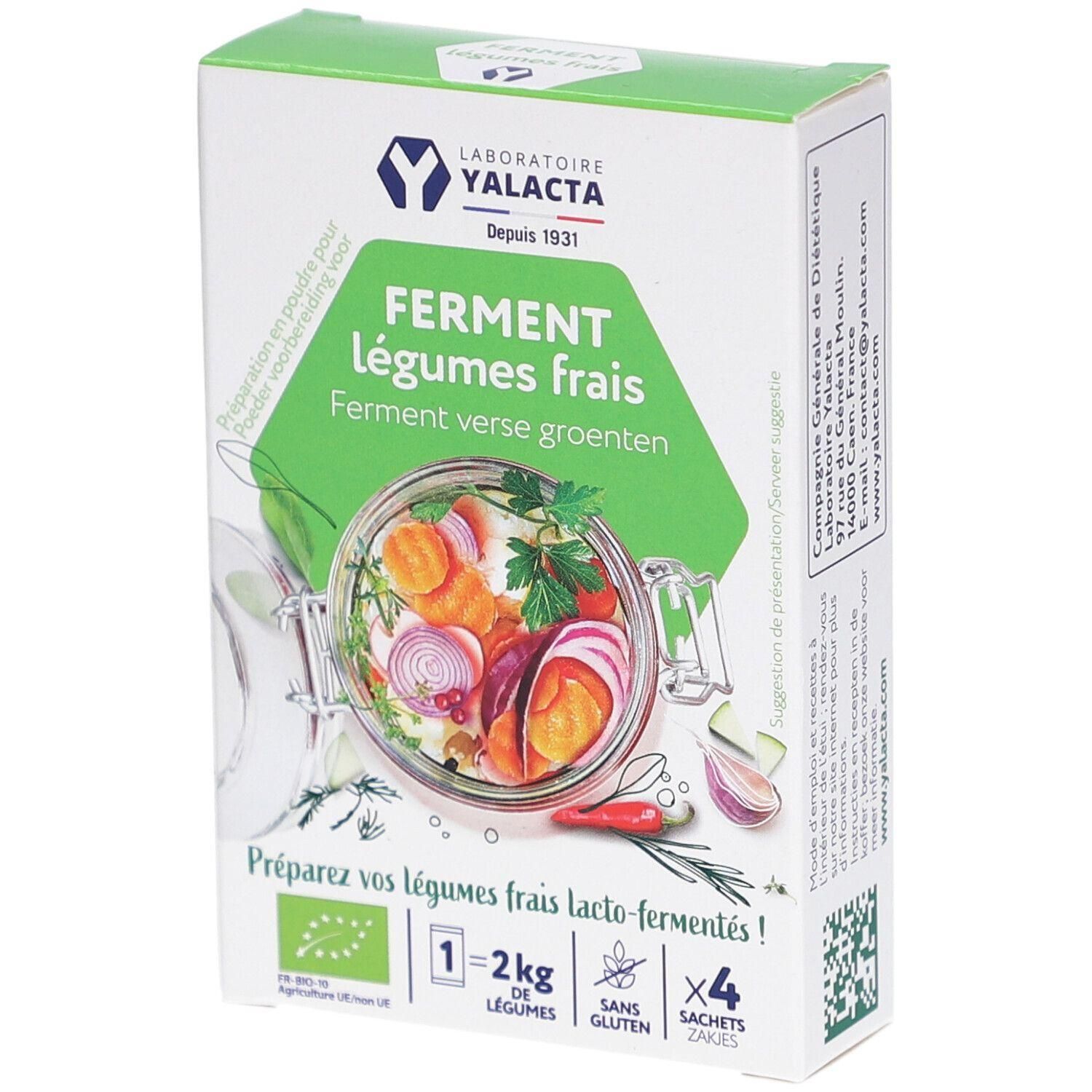 Boîte de Yalacta Ferment Légumes Frais, avec image de légumes fermentés dans un bocal.