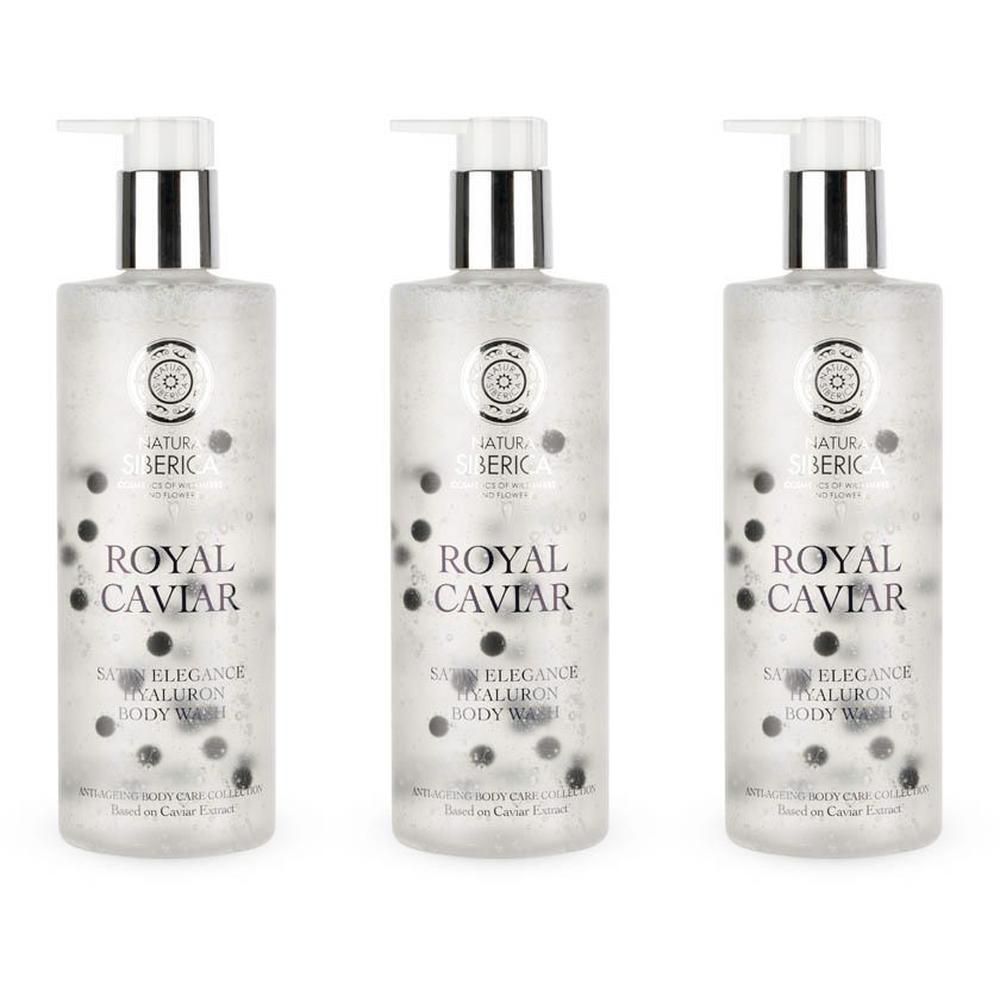 Drie flessen Natura Siberica Royal Caviar Hyaluron Body Wash met pompdoseringen.