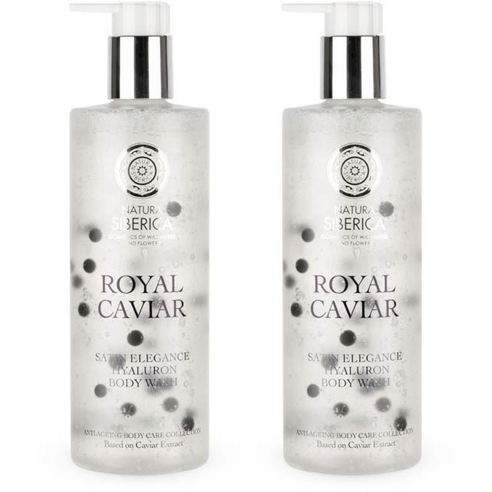 Twee flessen Natura Siberica Royal Caviar Hyaluronic Body Wash met pompdispensers.