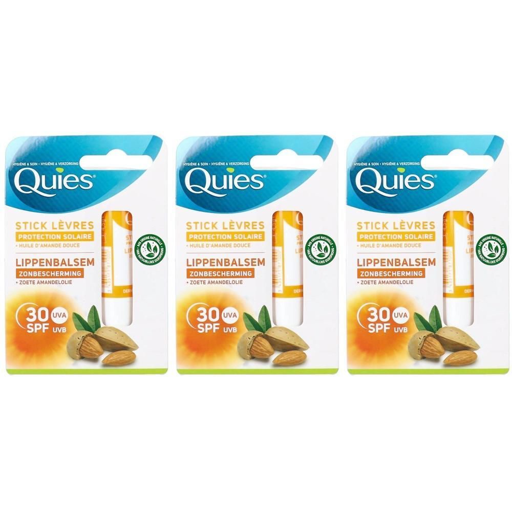 Drie Quies Lippenbalsem met SPF 30 in blisterverpakking, met amandelen.