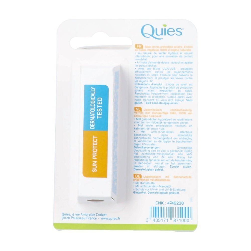 Achterkant van een Quies lippenbalsem verpakking met productinformatie en barcode.