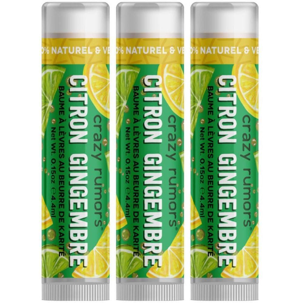 Trois baumes à lèvres au design citron gingembre. Ingrédients naturels.