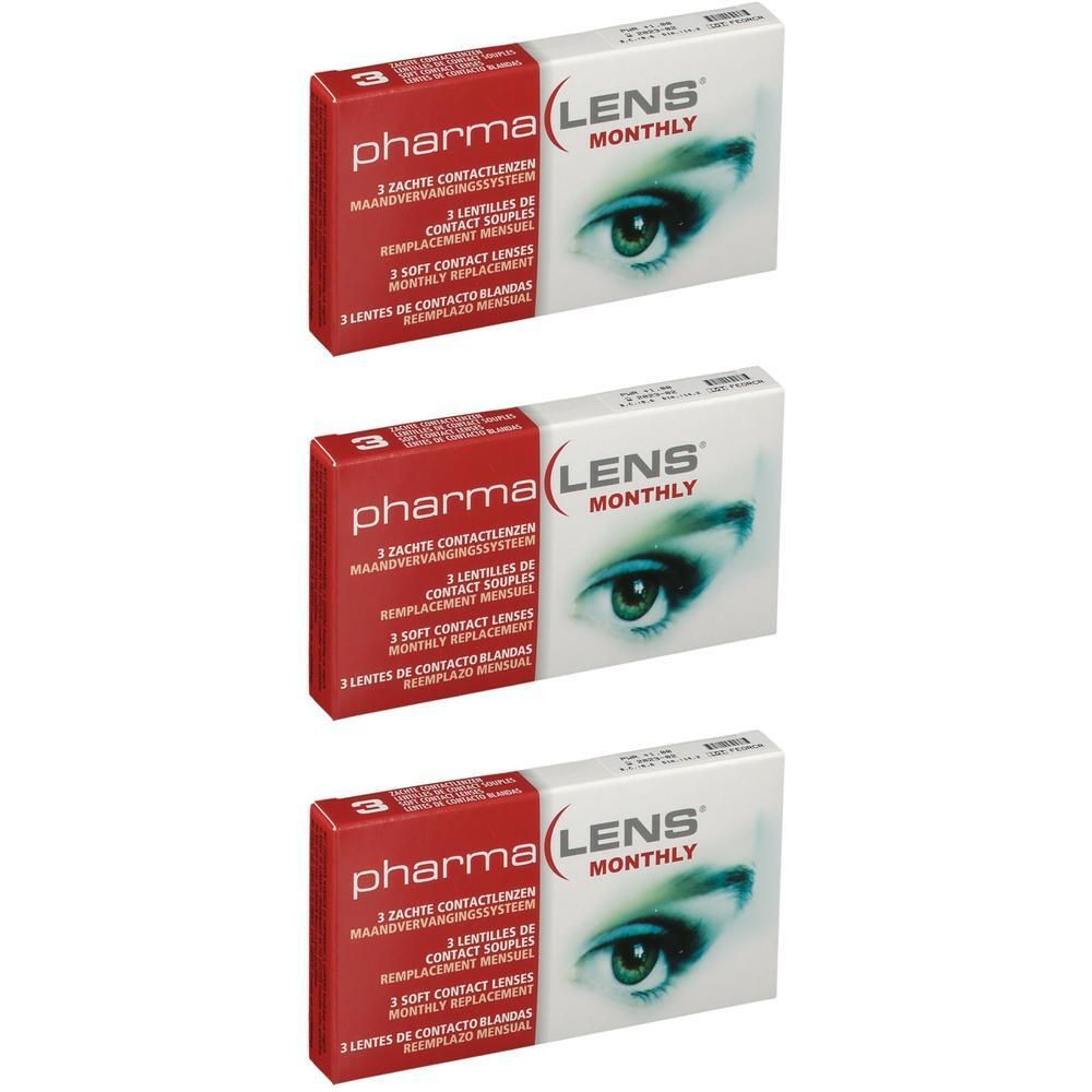 Drie pakken PharmaLens maandlenzen. Rode en witte verpakking met oogafbeelding.