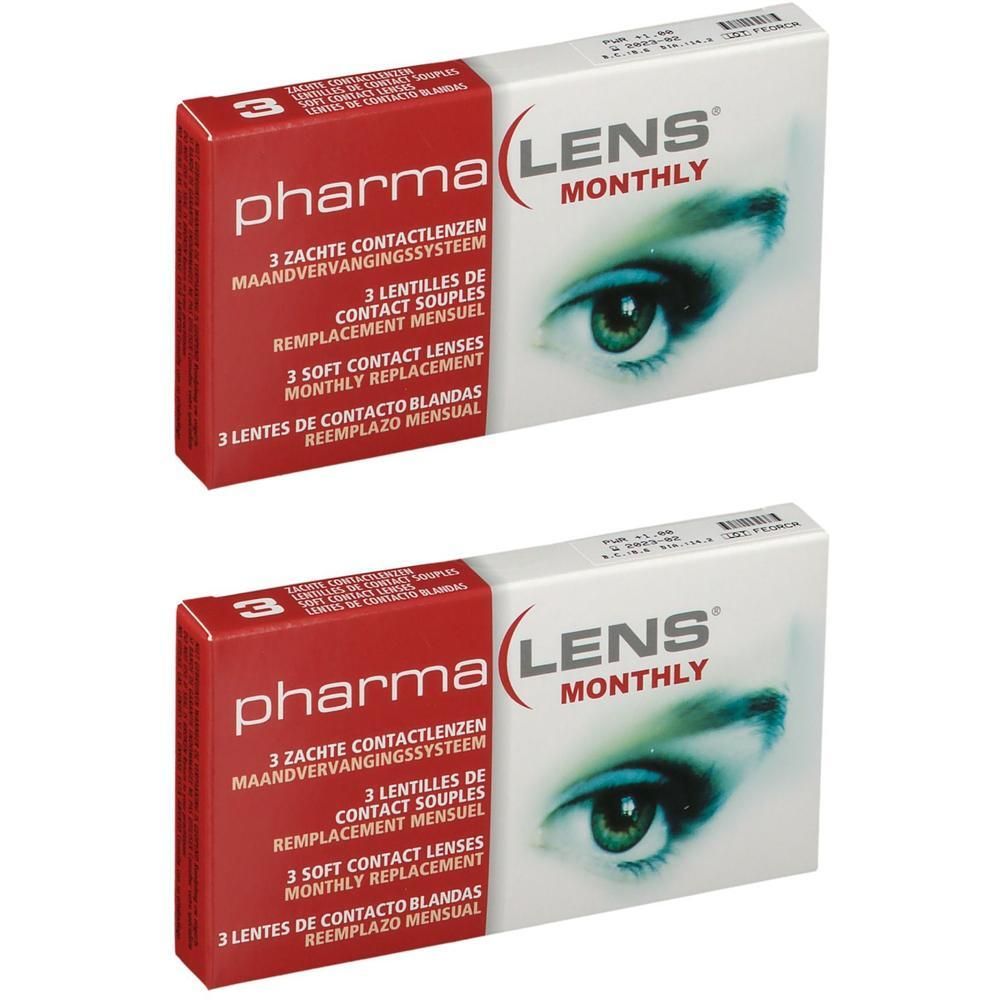 Deux boîtes de lentilles mensuelles PharmaLens, contenant chacune 3 lentilles souples.