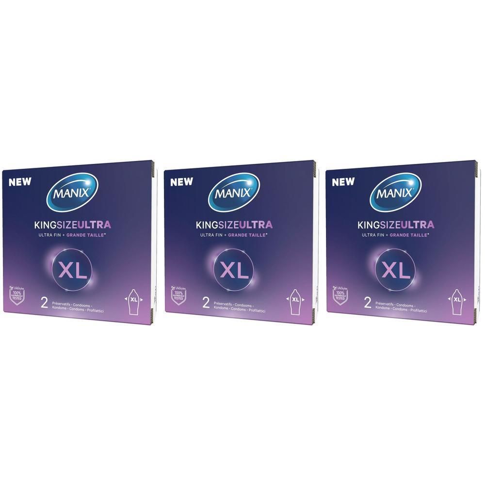 Trois paquets de préservatifs Manix King Size Ultra, taille XL.