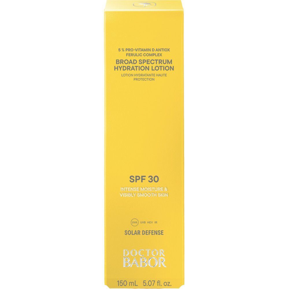 Gele verpakking voor Babor Hoge Bescherming Hydraterende Lotion SPF 30, 150 ml.