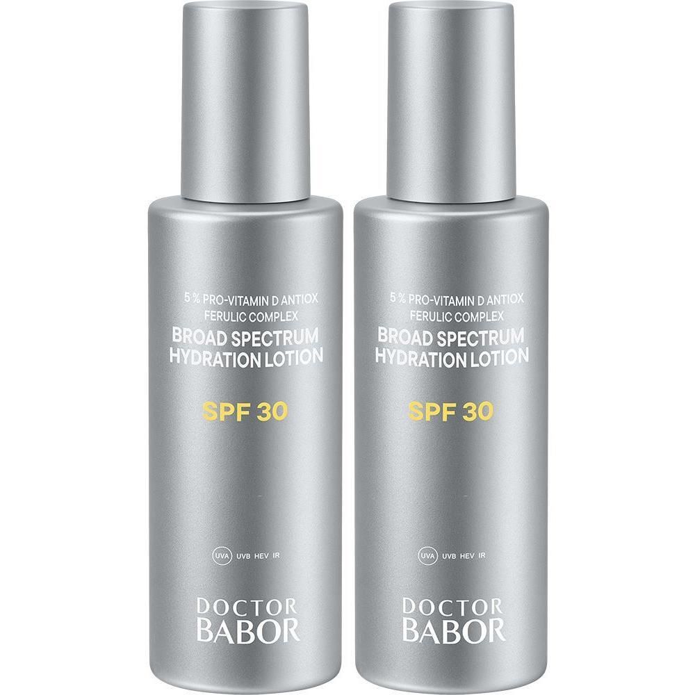 Twee zilverkleurige flacons Babor Hydraterende Lotion met hoge bescherming SPF 30.