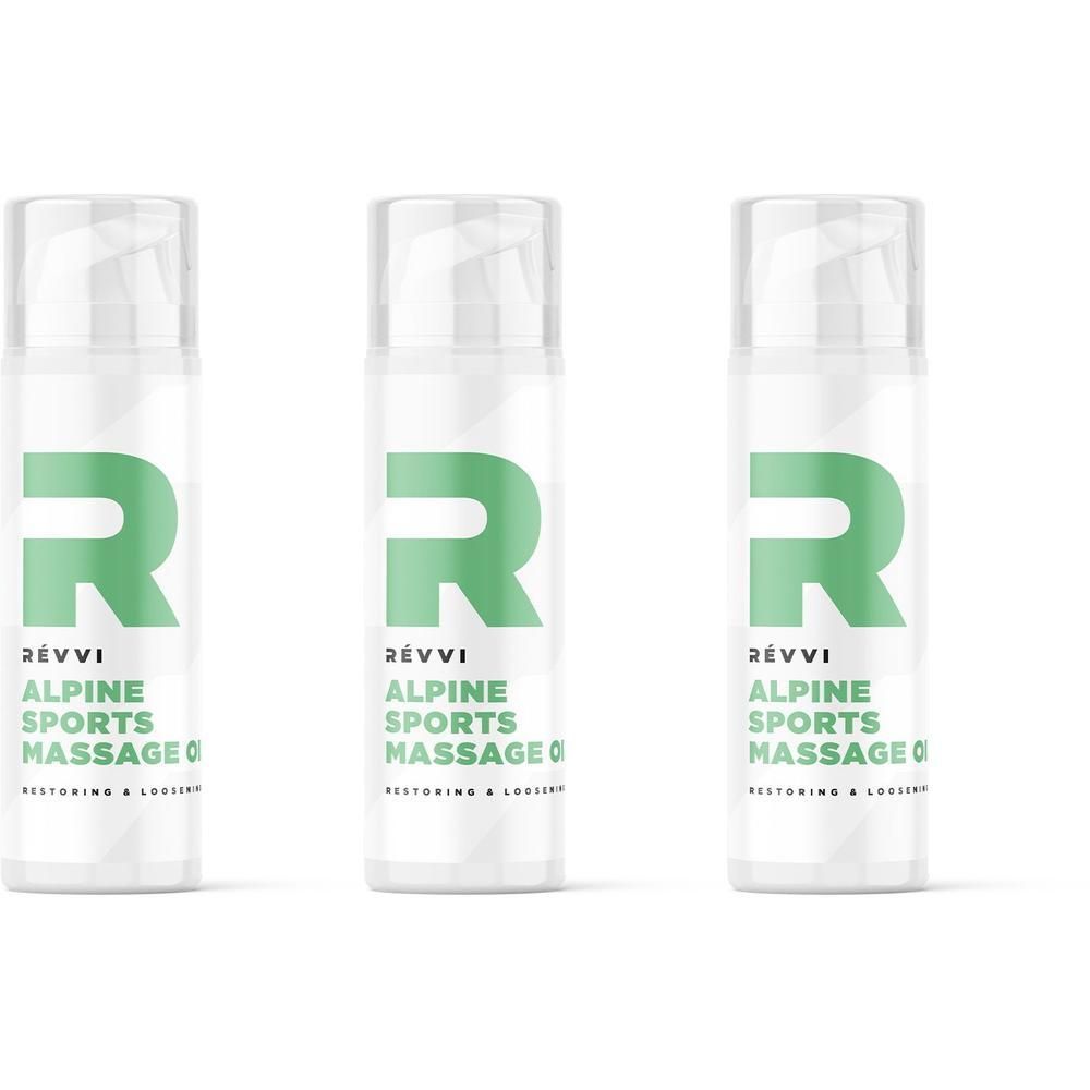 Trois flacons blancs avec pompe, chacun arborant un logo 'R' vert et l'inscription 'RÉVVI ALPINE SPORTS MASSAGE OIL'.