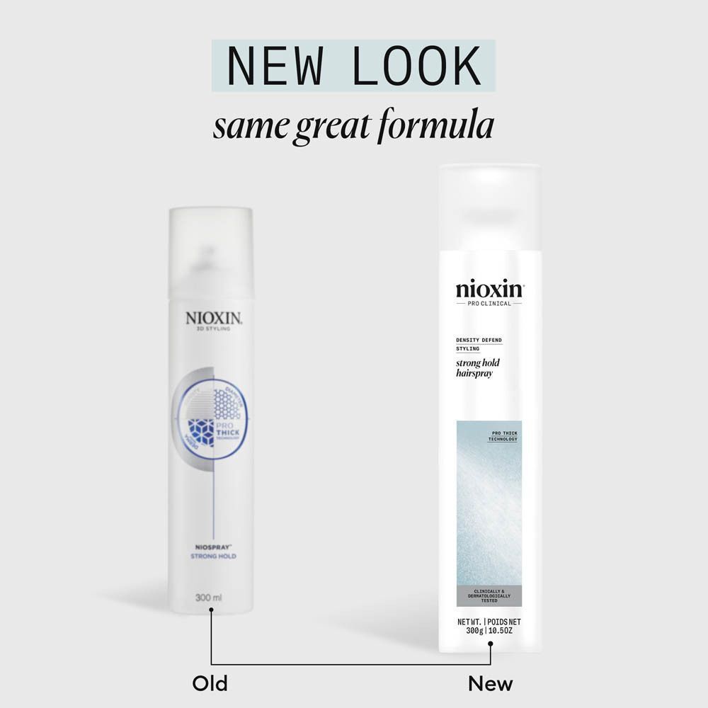 Nioxin laque forte tenue, ancien et nouveau packaging.